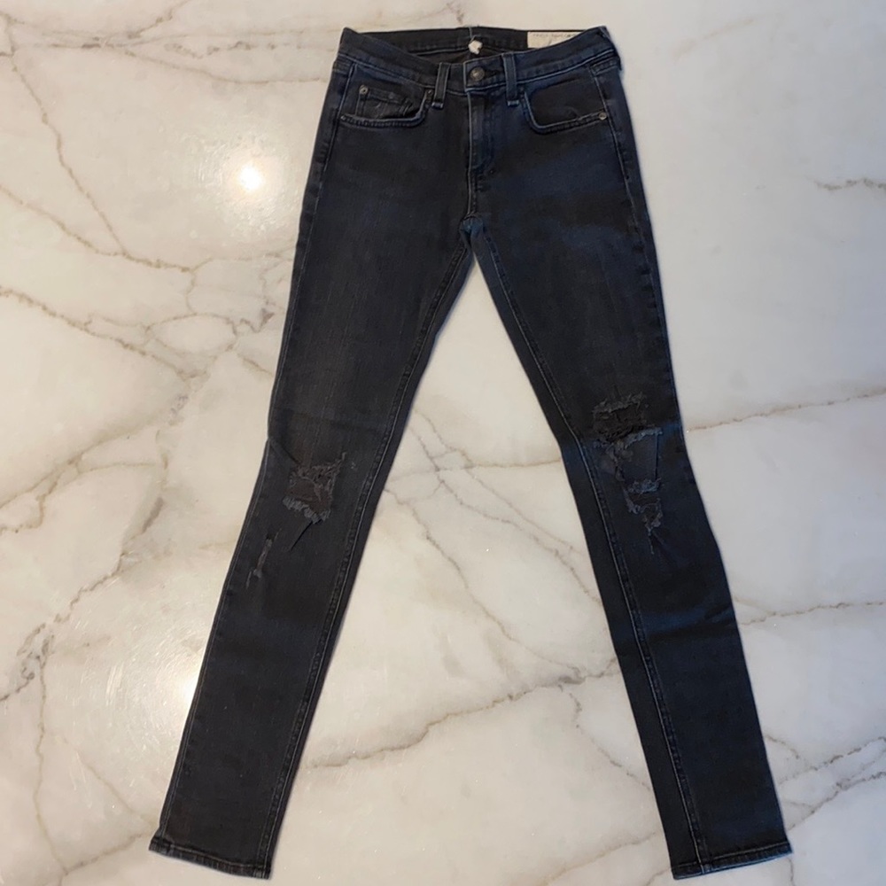 Rag & Bone Mid-Rise Skinny Jean. “Rock w/ Holes” (Washed Black/Charcoal Gray)